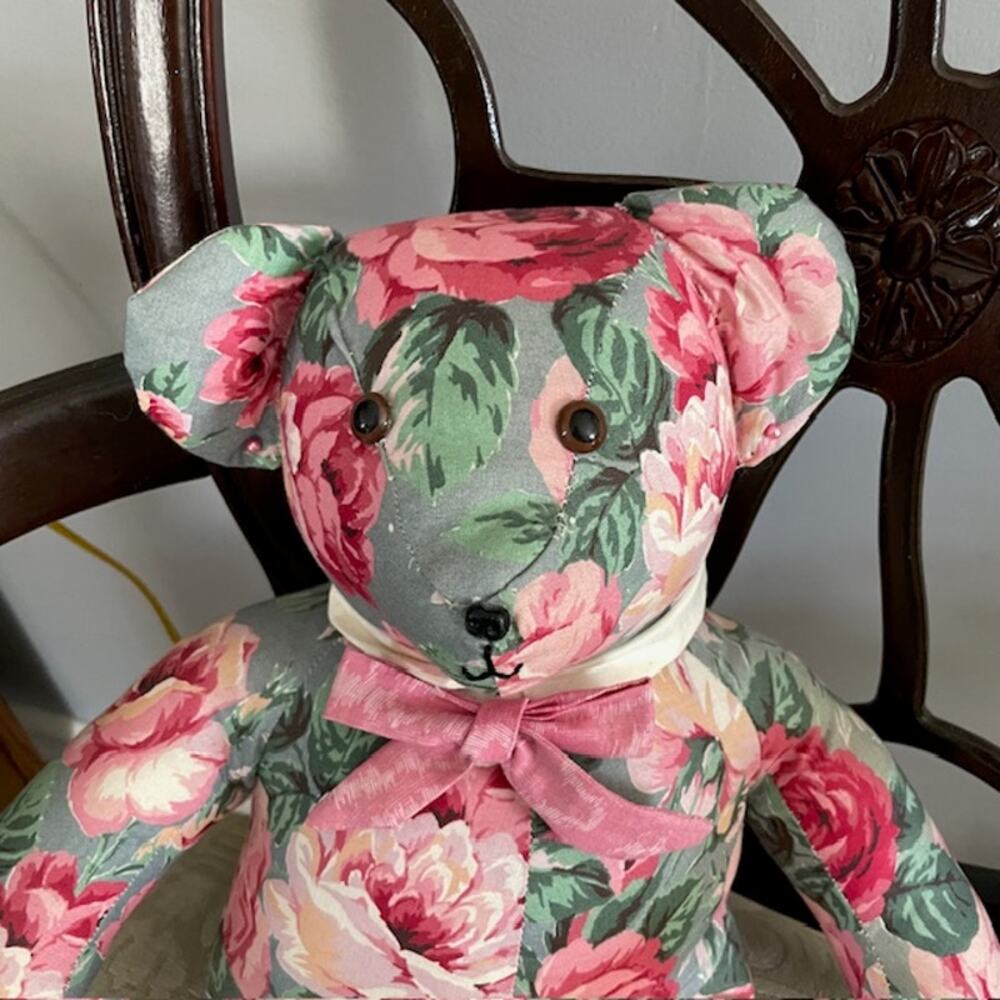 Vintage Style Floral Teddy Bear Cottagecore Pink Rose Handmade Nursery Decor